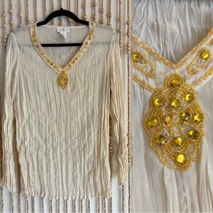 Vintage Ivory Beaded Jewel Embellished V Neck Boho Fairycore Lightweight Blouse